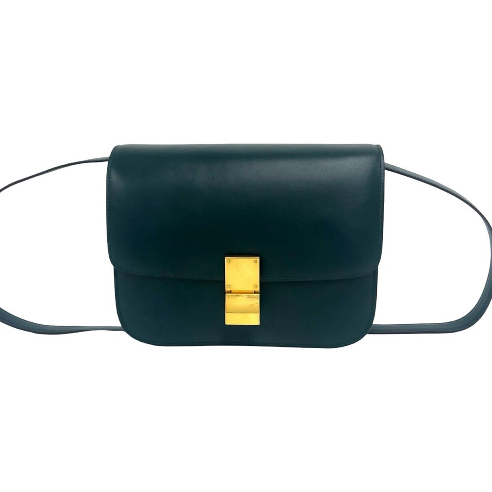 CELINE Classic Box Calf Leather Mini Shoulder Bag/Pochette, Dark Green, 07473